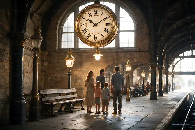 Family waiting together inside a historic railway station