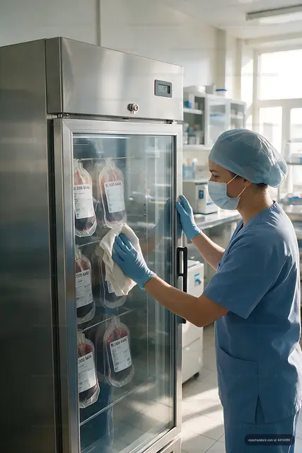 Healthcare worker accessing a blood storage refrigerator