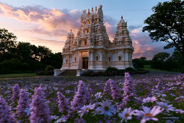 Ornate temple framed by flowers and colorful sunset clouds