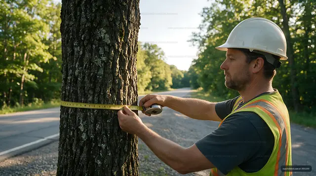 Worker Measures Tree Trunk Beside Forest Road
