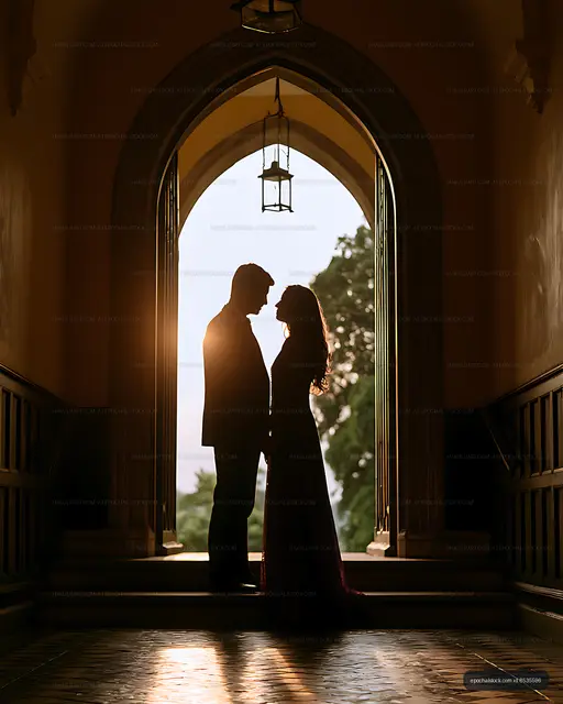 Couple in silhouette beneath a grand arched entrance