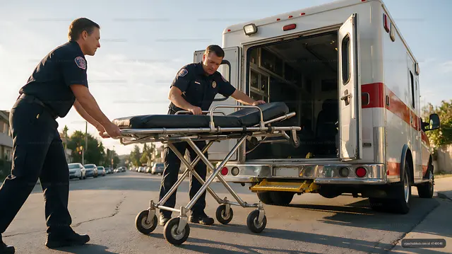 Paramedics loading stretcher into ambulance