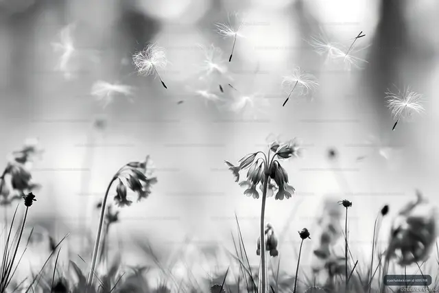 Flowers with dandelion seeds blowing in the wind on a bright day
