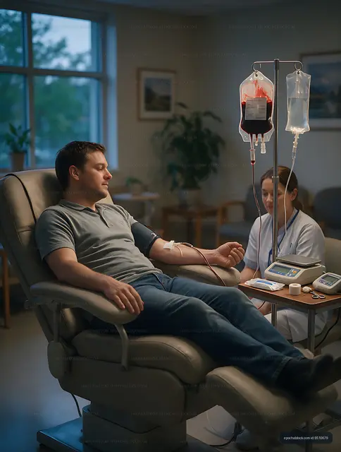 Donor reclines during blood collection in clinic
