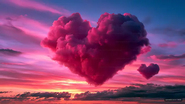 Pink heart cloud floating above a vivid sunset horizon