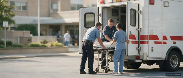 Emergency crew loading stretcher into ambulance