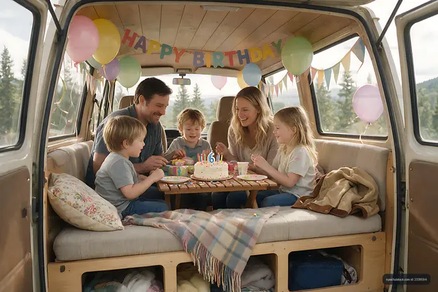 Family enjoying a birthday party inside a camper van