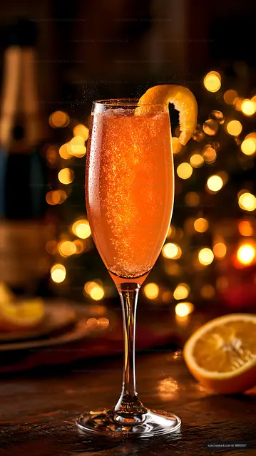 Close-up sparkling orange beverage with citrus garnish