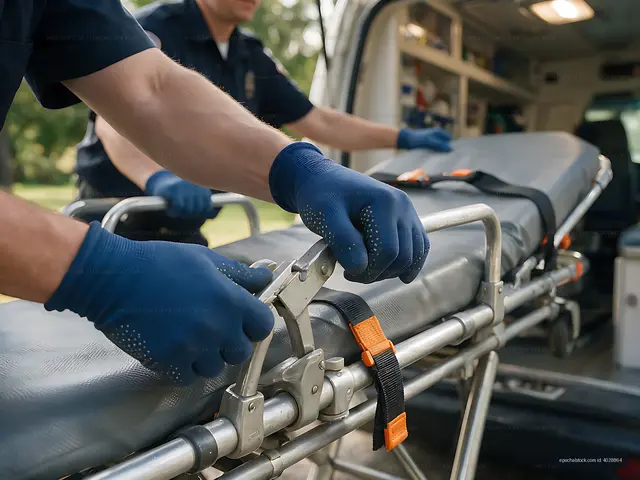 Emergency crew moving stretcher into ambulance