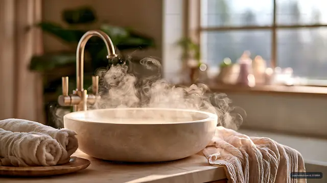 Ceramic bowl steaming on a sunlit counter