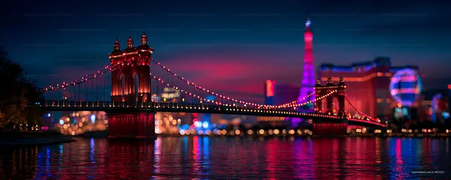 Vibrant night view of a lit suspension bridge and skyline