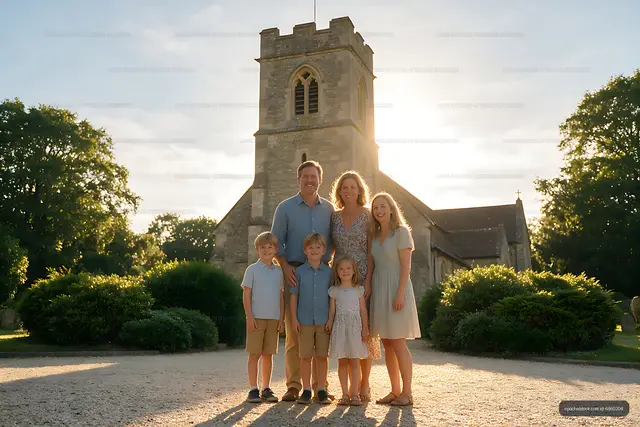 Family of six outside a historic church