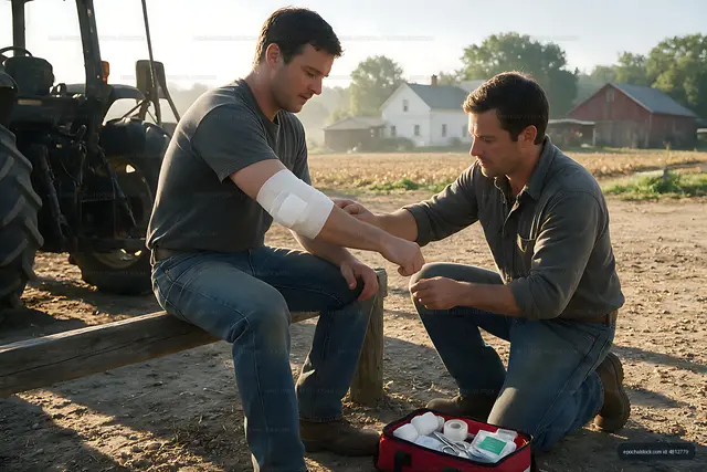 First aid care for an injured worker outdoors