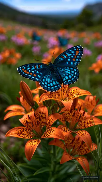 Blue butterfly perched on a spotted tiger lily