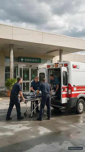 Paramedics load stretcher into ambulance at hospital entrance