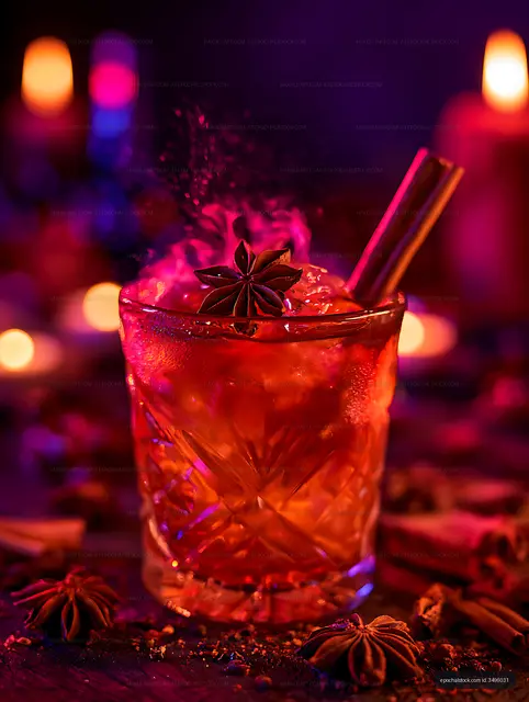 Vibrant red cocktail with star anise and cinnamon sticks