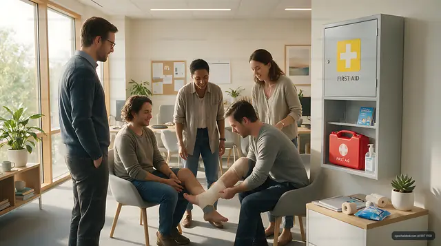 Team giving first aid to an injured coworker