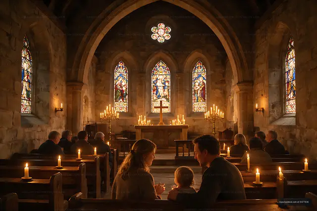 Family seated together in a candlelit church interior