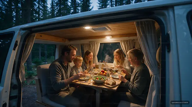 Family meal inside a camper van at a forest campsite