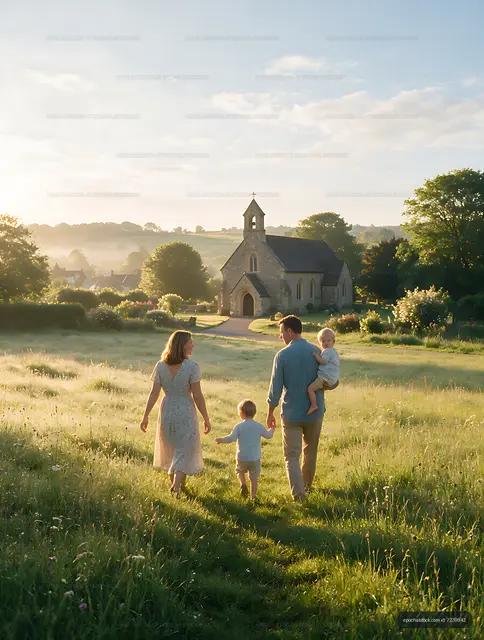 Family of four heading toward a country church