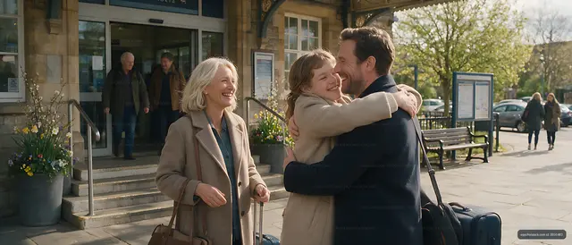 Family embracing outside a train station