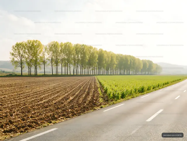 Poplar avenue and road across an agricultural landscape