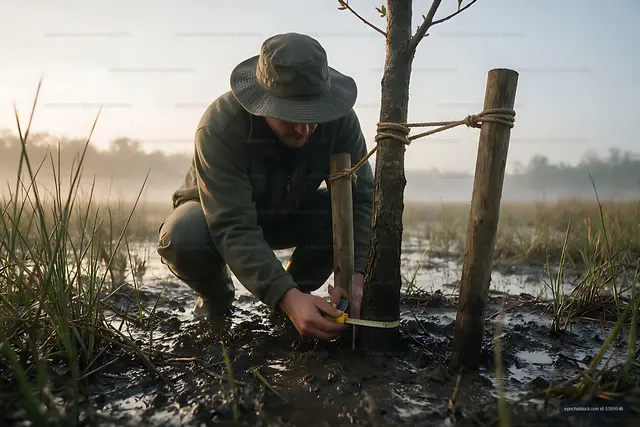 Worker measuring a tree trunk beside support stakes