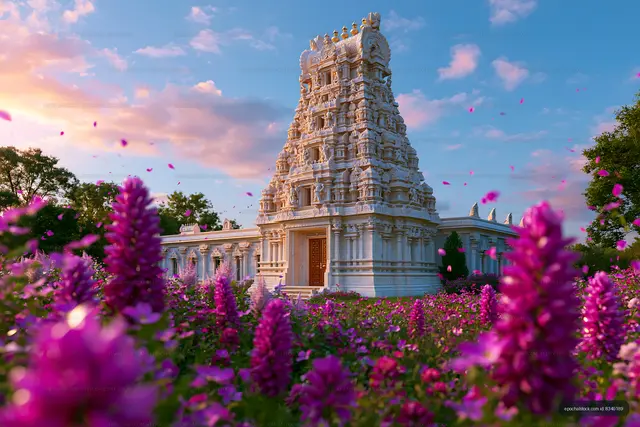 Decorative temple entrance framed by purple blossoms