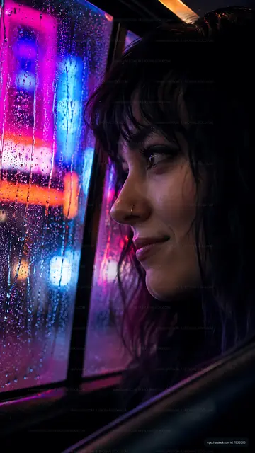 Woman looking out of a car window during a rainy night