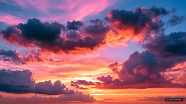 Colorful sunset sky filled with dramatic billowing clouds