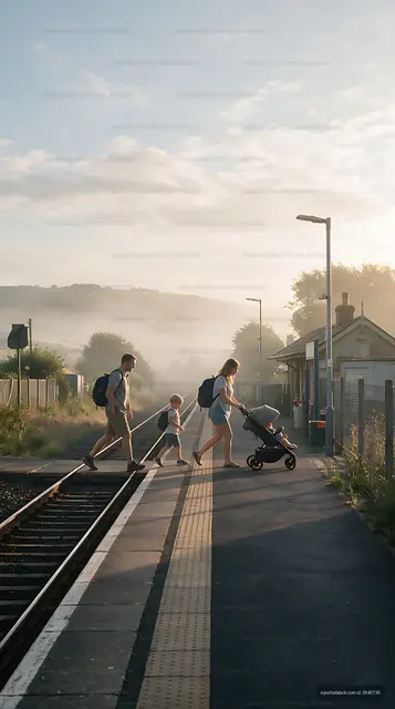 Family with stroller crossing a train station platform