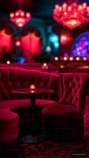 Red velvet lounge seating beneath colorful ambient lights