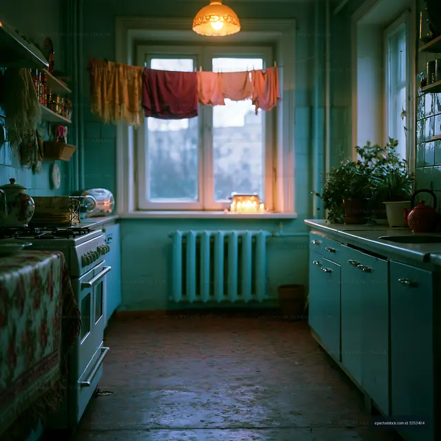 Colorful laundry hanging in a warmly lit vintage kitchen