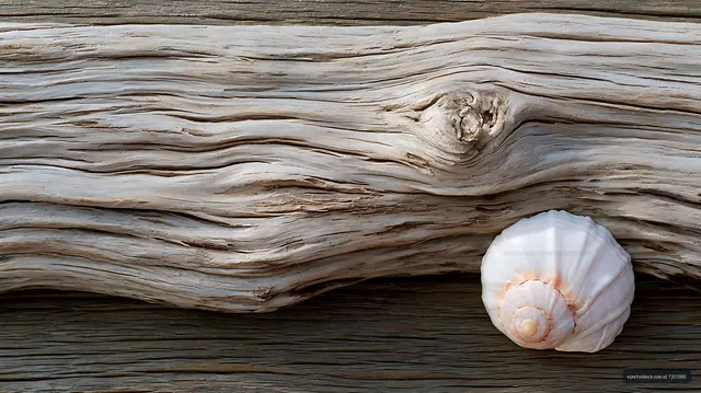 White shell and layered weathered wood