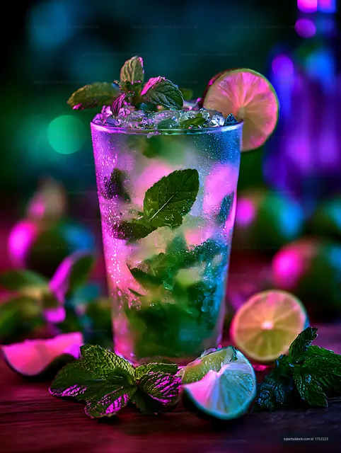 Vibrant lime and mint drink with colorful bokeh