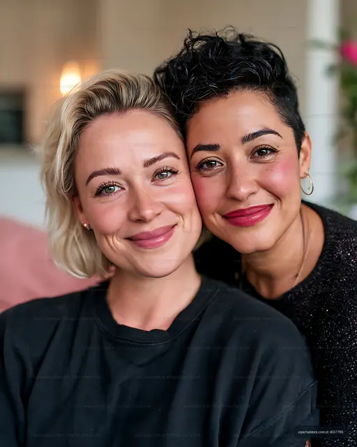 Two smiling women posing together in a warm indoor portrait