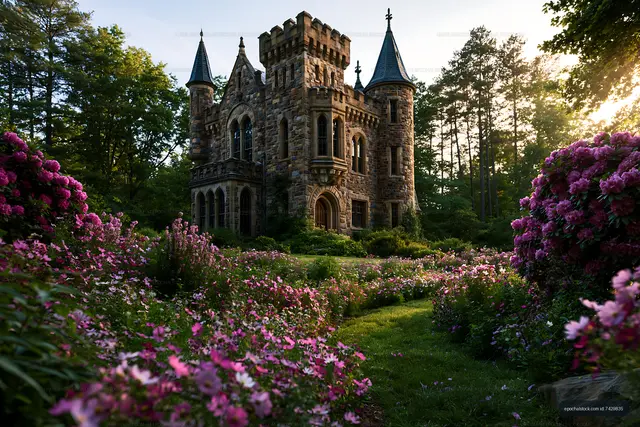 Castle towers framed by pink flowers and woodland