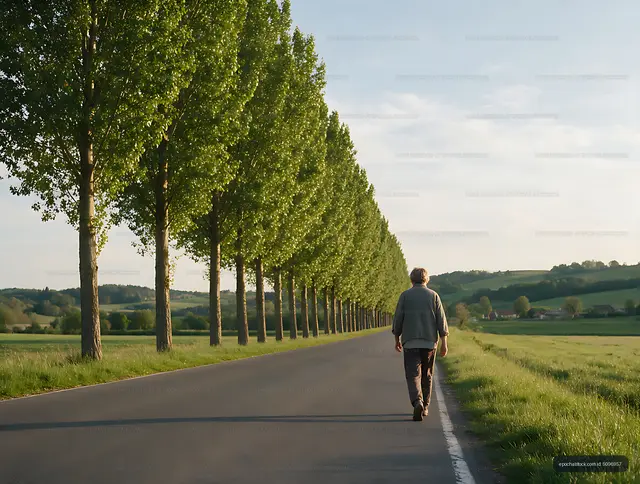 Person walking beside poplar trees on a country road