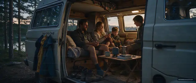 Family gathering in a camper van at a woodland campsite