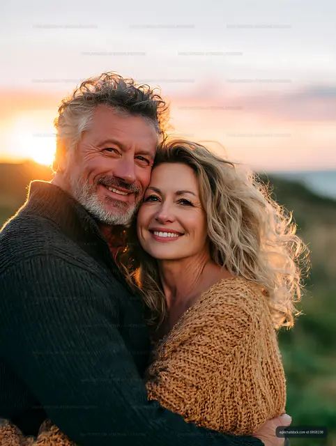 Joyful mature couple hugging in golden sunset light