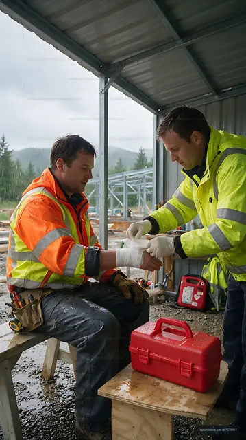 First aid assistance at a rainy construction workplace