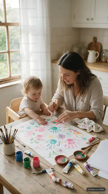 Family painting activity at a bright kitchen table