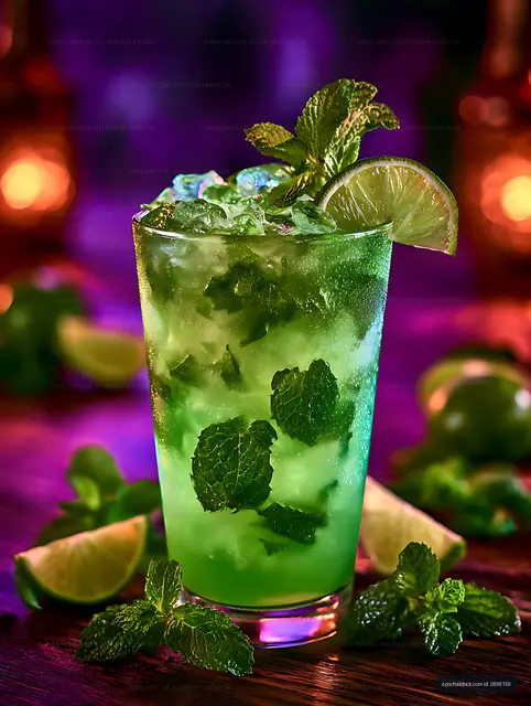 Close-up lime and mint drink with vibrant bokeh