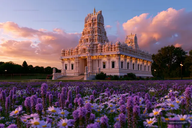 Hindu temple surrounded by flowers during a vivid sunset