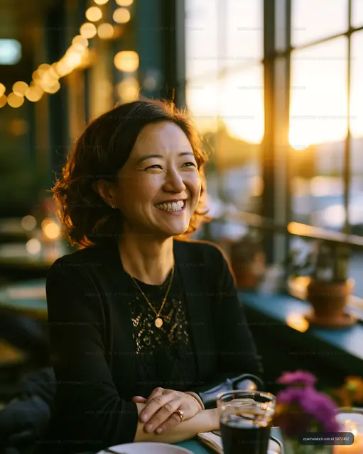 Smiling woman at a cafe table in golden window light