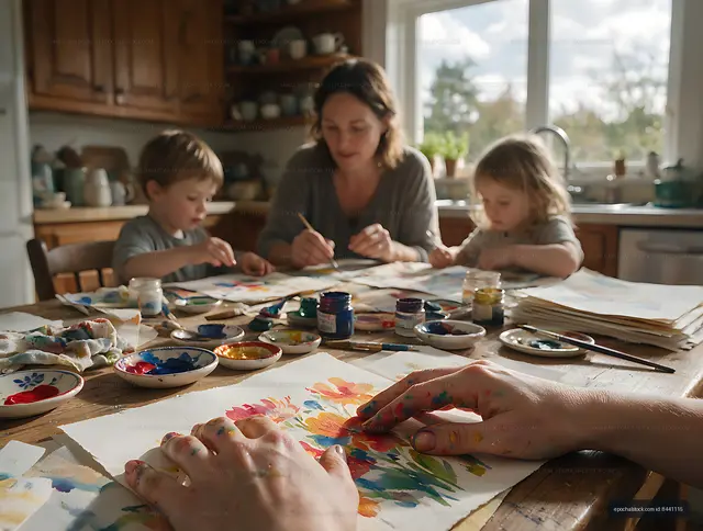 Mother and children create colorful paintings in the kitchen