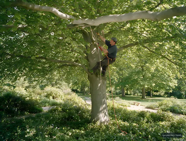 Tree care worker pruning branches in a leafy park