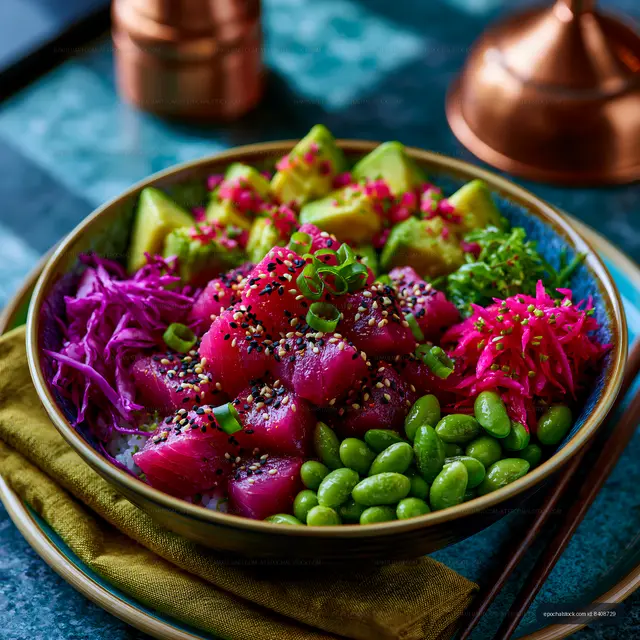 Dragon fruit poke bowl with fresh colorful toppings