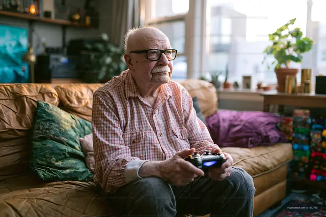 Senior man holding a game controller at home