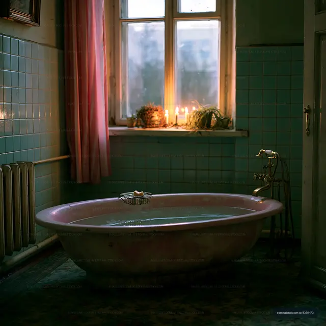 Water-filled bathtub with candles by a window